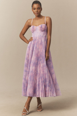 Hutch Amara Corset Pleated Tulle Fit & Flare Midi Dress In Blue