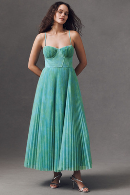 HUTCH AMARA CORSET PLEATED TULLE FIT & FLARE MIDI DRESS 