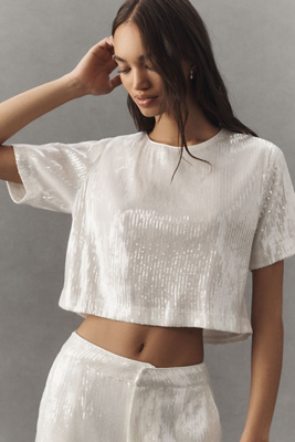 Shop Endless Rose Short-sleeve Sequin Cropped Top In White