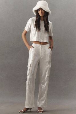 Endless Rose Sequin Low-rise Wide-leg Cargo Pants In White