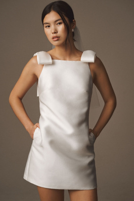 Watters Row Bow-shoulder Shift Mini Dress In White