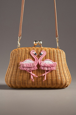 Serpui Blair Flamingo Wicker Clutch Bag In Beige