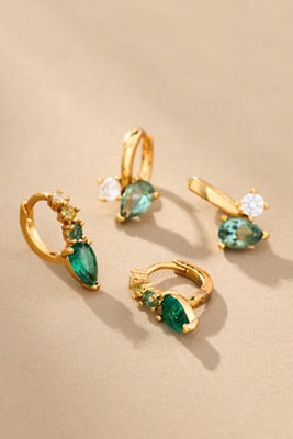 By Anthropologie Crystal & Stone Huggie Hoop Earrings, Set Of 2 In Green