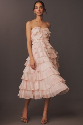 BHLDN STRAPLESS MIDI RUFFLE DRESS 
