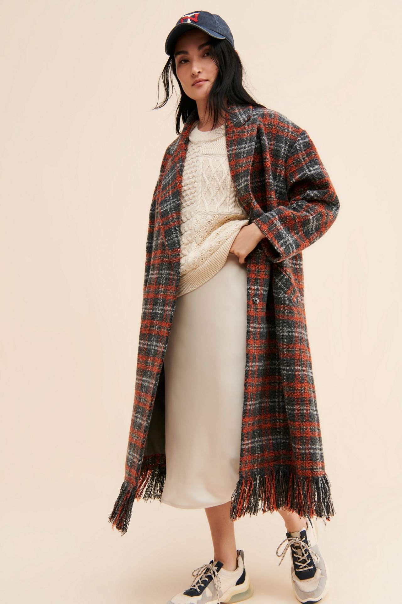 The Korner Plaid Fringe Coat