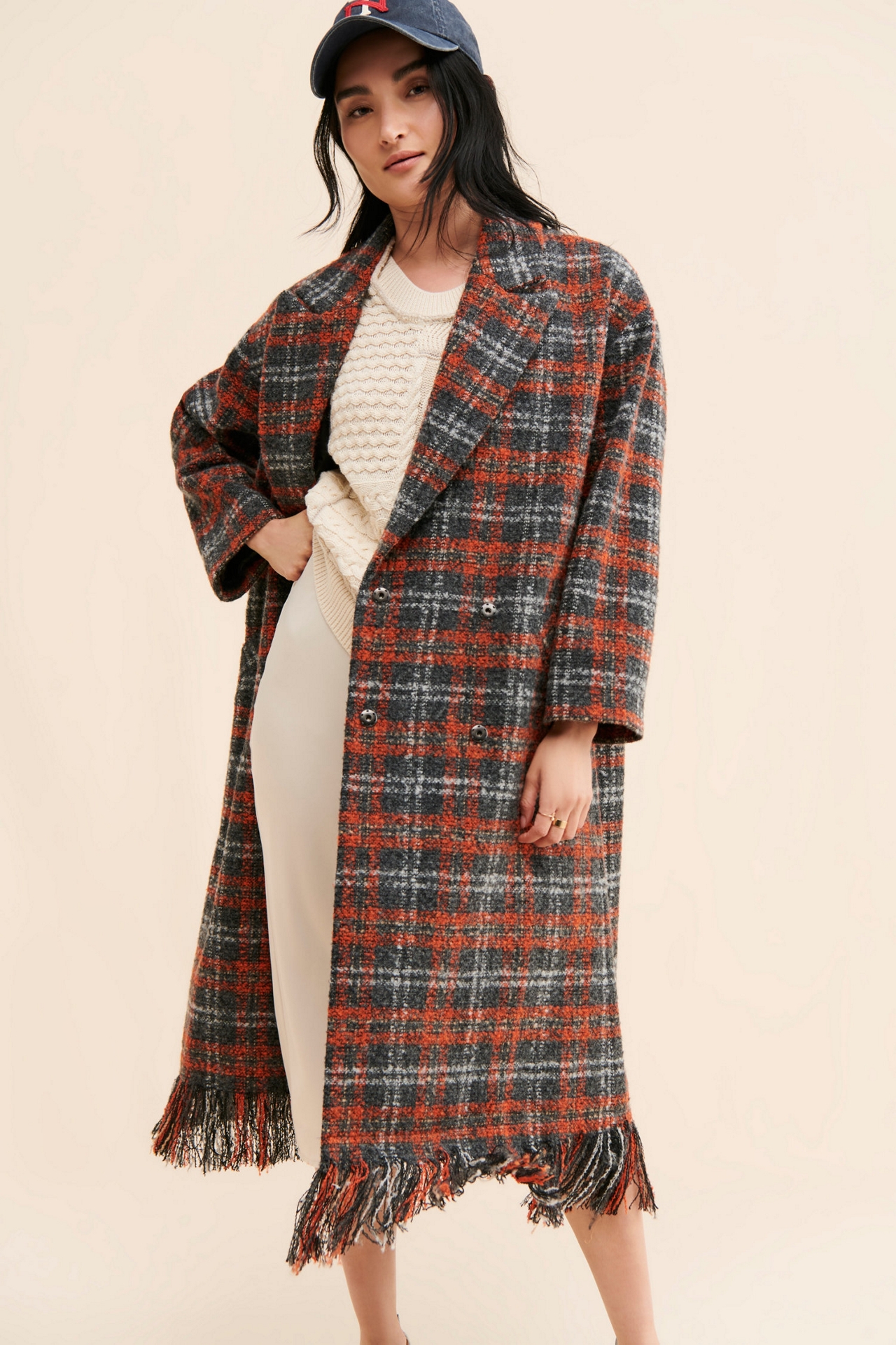 The Korner Plaid Fringe Coat
