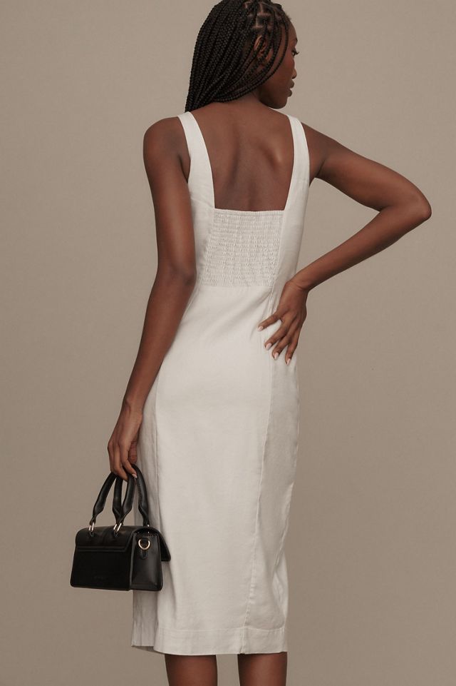 Sleeveless Square-Neck Linen Button Wrap Midi Dress #1