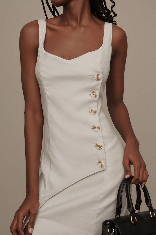 Sleeveless Square-Neck Linen Button Wrap Midi Dress #3