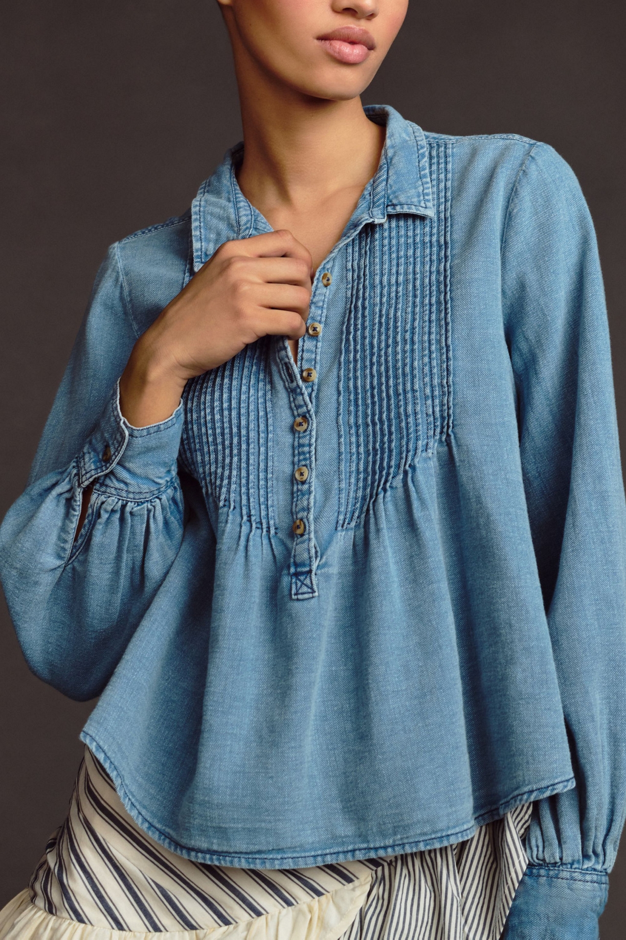 Pintuck Button-Front Blouse