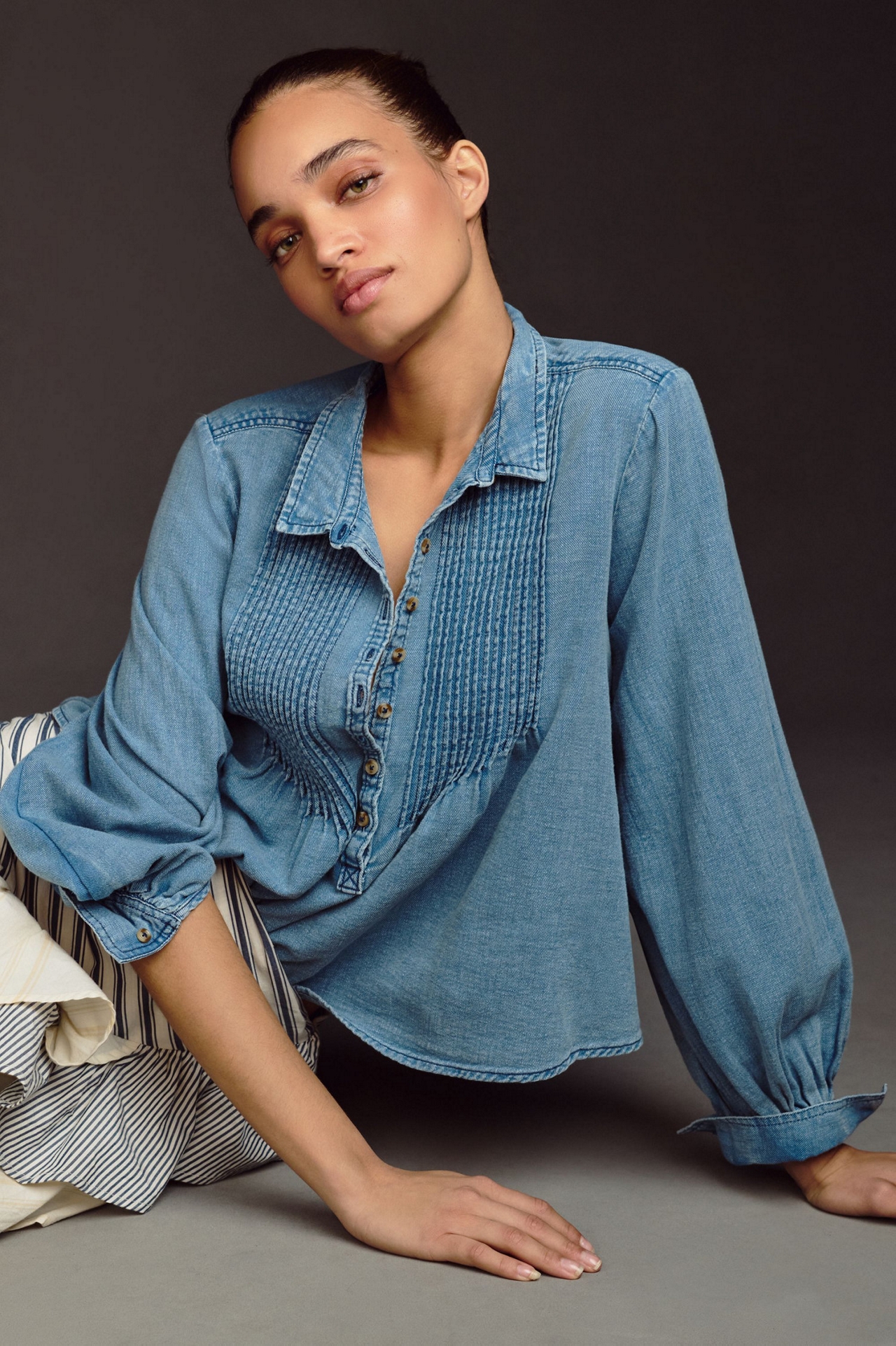 Pintuck Button-Front Blouse