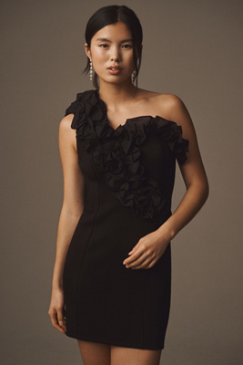 Endless Rose Asymmetrical Ruffled One-shoulder Stretch Mini Dress In Black