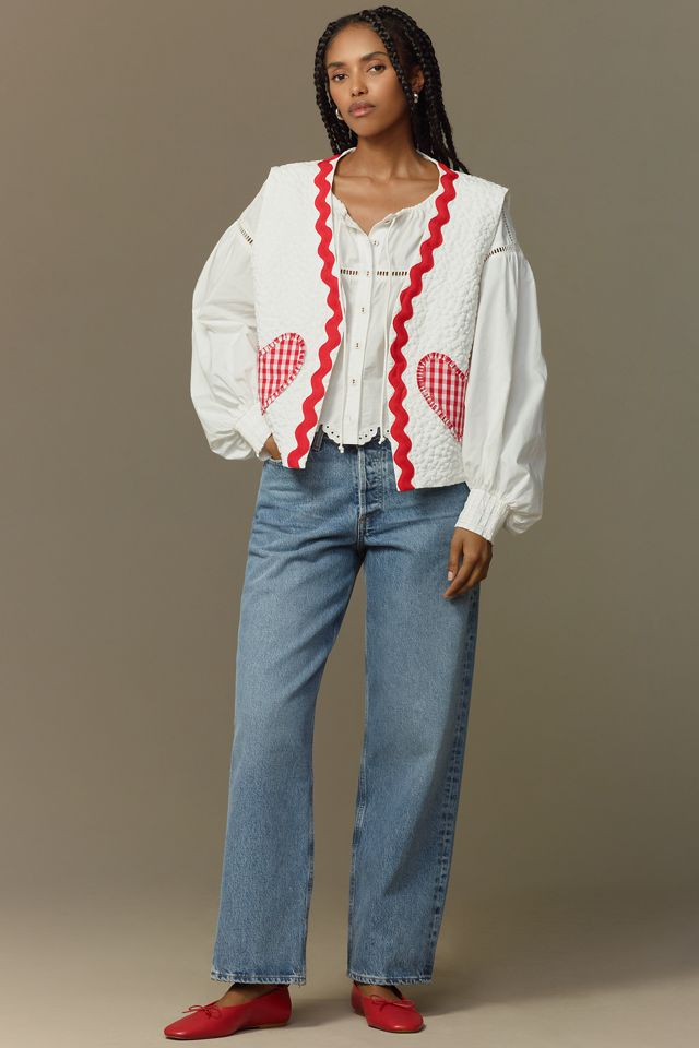 Flat White Quilted Heart Patch Vest #3