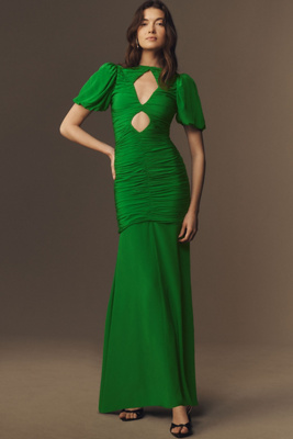 De La Vali Olympia Puff-sleeve Ruched Crepe Maxi Dress In Green