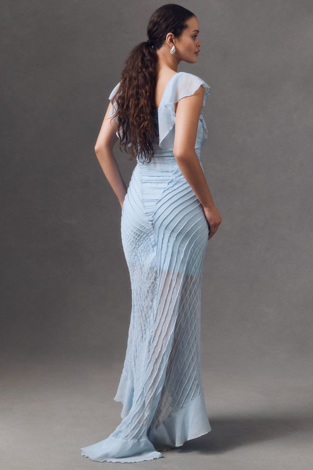 De La Vali Macaroon Pintuck Ruffled Chiffon Maxi Dress