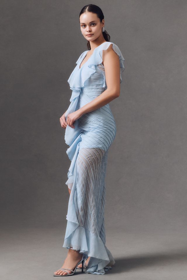 De La Vali Macaroon Pintuck Ruffled Chiffon Maxi Dress #6