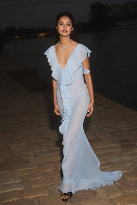 De La Vali Macaroon Pintuck Ruffled Chiffon Maxi Dress In Blue