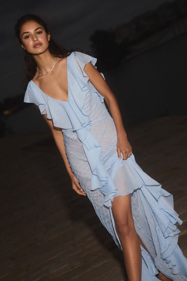 De La Vali Macaroon Pintuck Ruffled Chiffon Maxi Dress #1