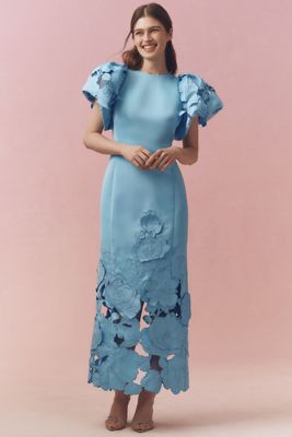 LEO LIN Lucinda Puff-Sleeve Appliqué Maxi Dress