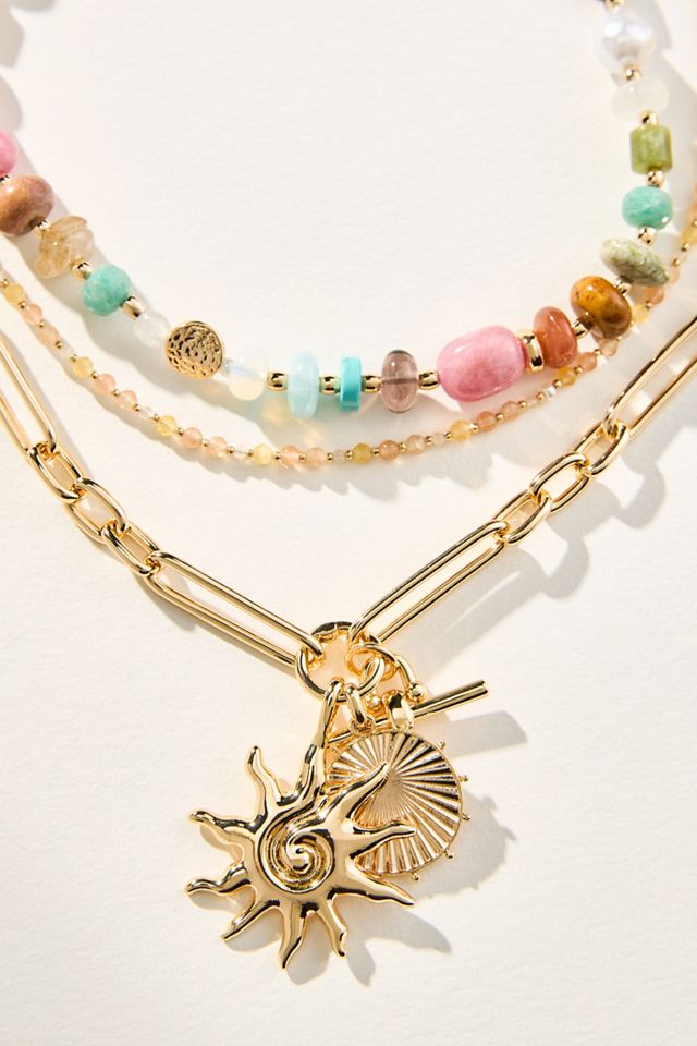 Shades of Sea Layered Necklaces, Set of 3: Charm Edition #1