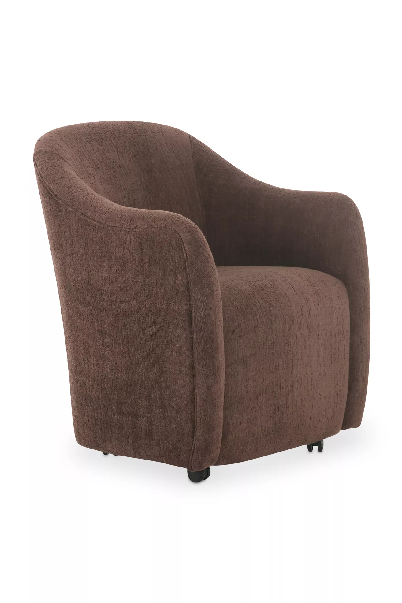 Side/front three-quarter view of brown upholstered rolling chair