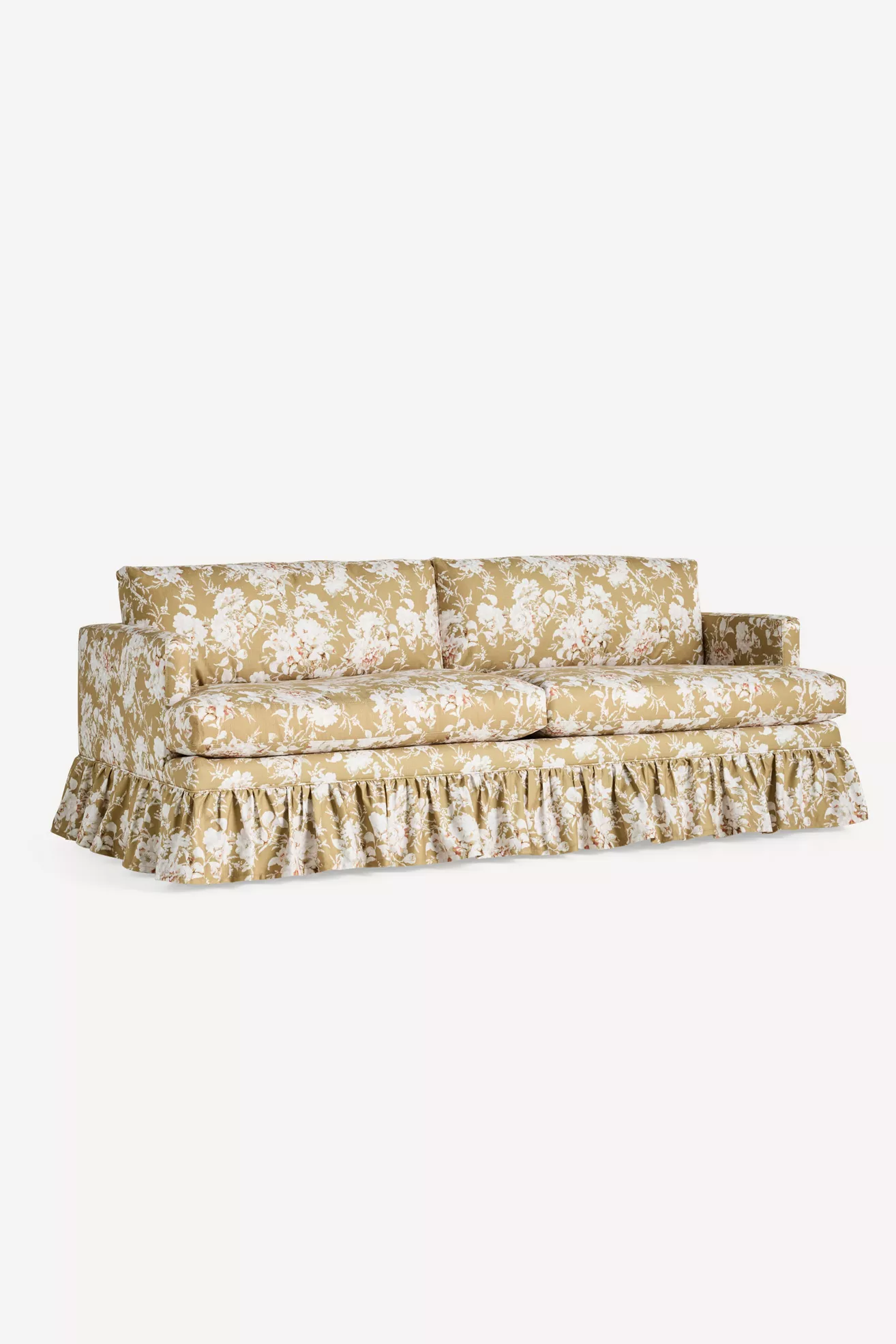 Front-right angled view of floral ruffle sofa