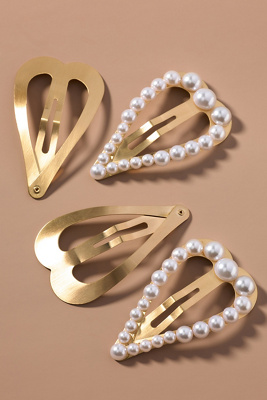 By Anthropologie Pearl Heart Hair Barrettes, Set Of 4 In Gold