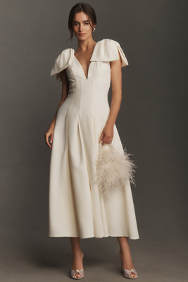 Mac Duggal Bow-strap V-neck Crepe Fit & Flare Midi Dress In White
