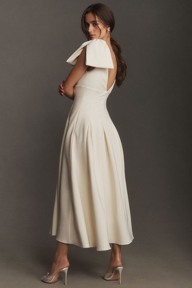 Mac Duggal Bow-Strap V-Neck Crepe Fit & Flare Midi Dress