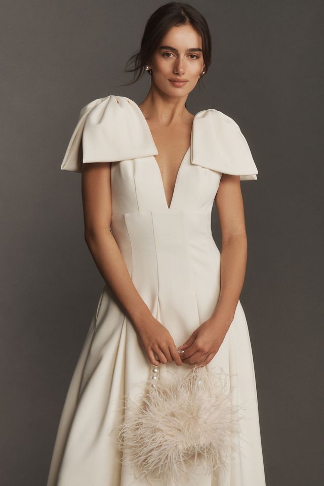 Mac Duggal Bow-Strap V-Neck Crepe Fit & Flare Midi Dress #3
