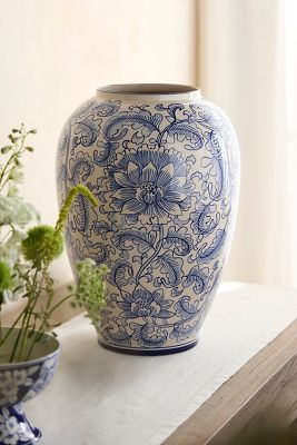 Large Blue Floral Chinoiserie Vase
