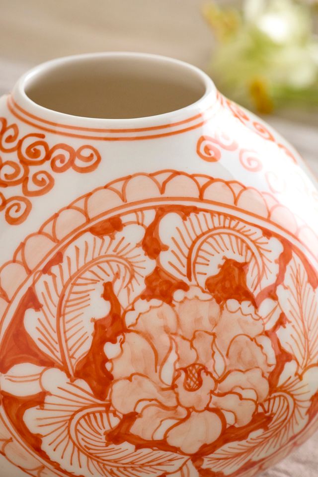 Orange Floral Chinoiserie Low Vase #2