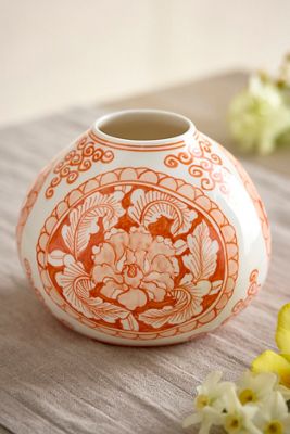 Orange Floral Chinoiserie Low Vase