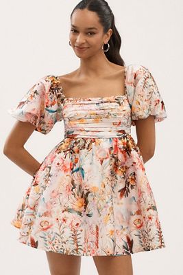 Mac Duggal Pleated Flutter-Sleeve Deep-V Empire-Waist Gown