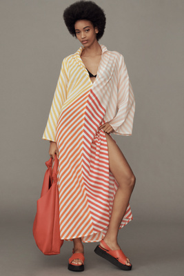 Ollari Striped Cotton Kaftan In Pink