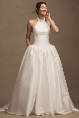 Jenny Yoo Blake Taffeta Basque-Waist Halter Wedding Gown