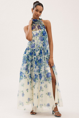 BHLDN KENDALL HIGH-NECK SCARF FLORAL ORGANZA MAXI DRESS 
