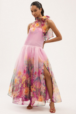BHLDN KENDALL HIGH-NECK SCARF FLORAL ORGANZA MAXI DRESS 