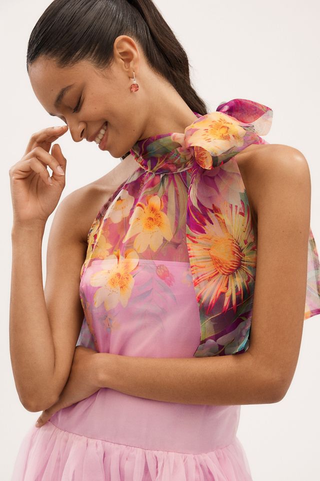 BHLDN Kendall High-Neck Scarf Floral Organza Maxi Dress