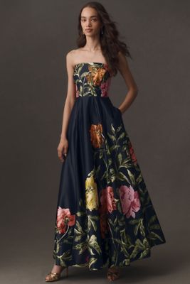 BHLDN Kira Strapless Printed Satin A-Line Maxi Dress