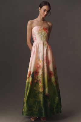 BHLDN Kira Strapless Printed Satin A-Line Maxi Dress