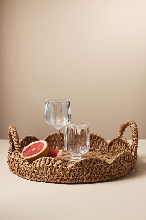 Scalloped Braided Rattan Handle Tray