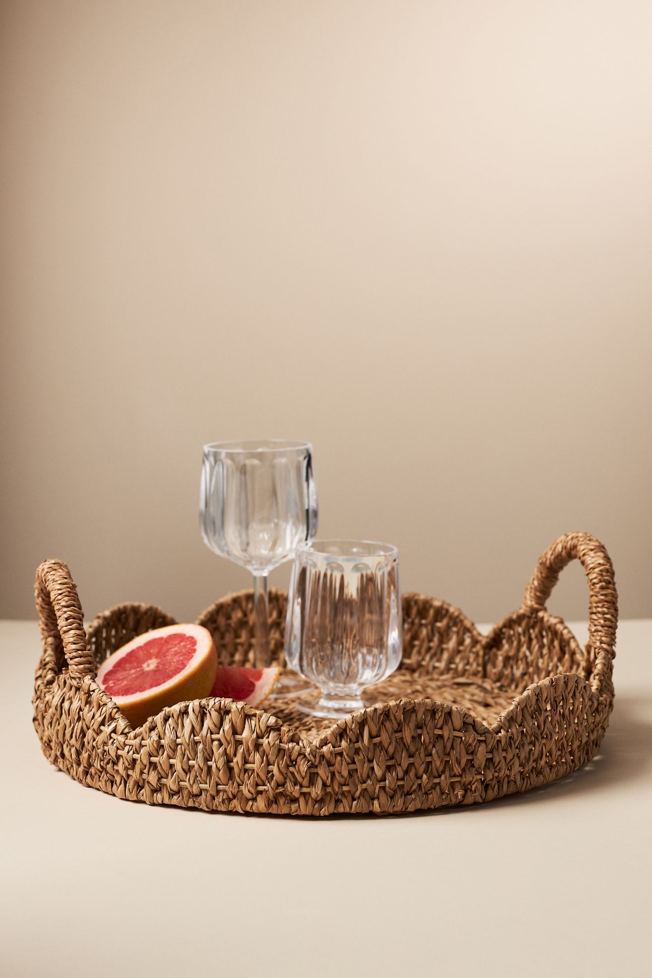 Scalloped Braided Rattan Handle Tray - Brown, One Size