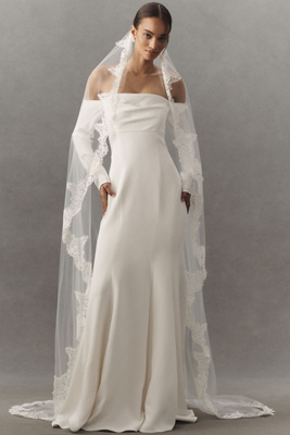 Twigs & Honey French Lace-trim Silk Tulle Chapel Veil In White