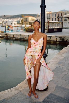 Bardot Sorella Printed Satin V-Neck Draped Asymmetric Ruffle Midi Dress