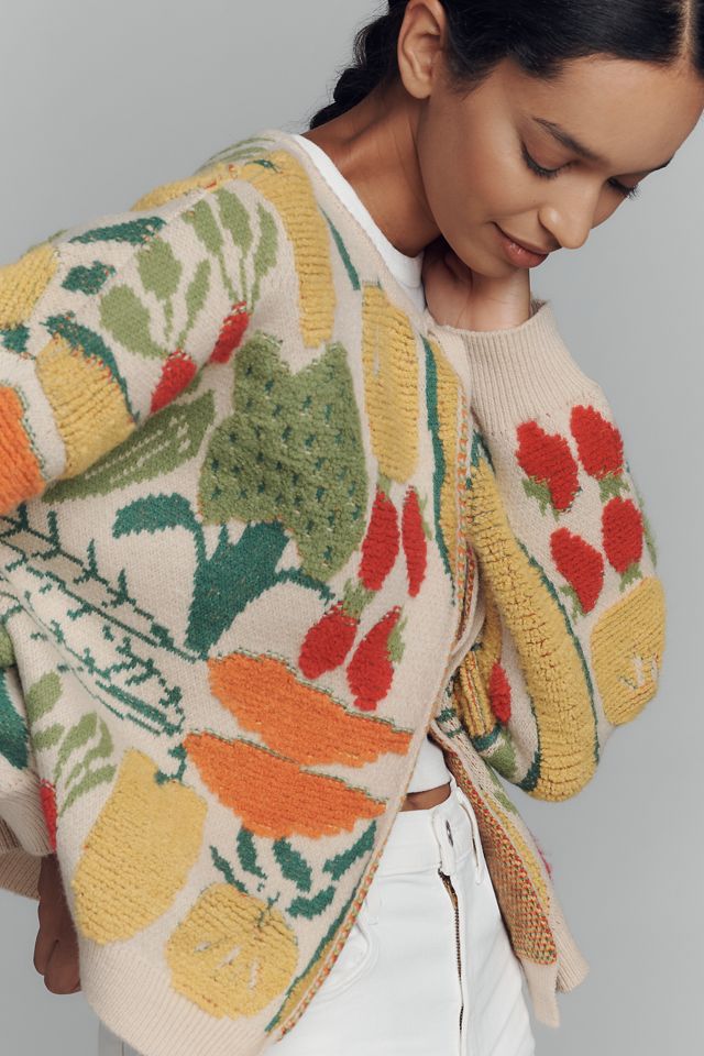 Maeve Veggie-Embellished Cardigan Sweater #3