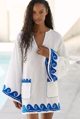 Celandine Embroidered Wave Cotton Linen Blend Mini Shift Dress In Blue