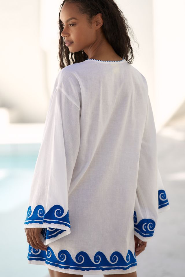 Celandine Embroidered Wave Cotton Linen Blend Mini Shift Dress #2