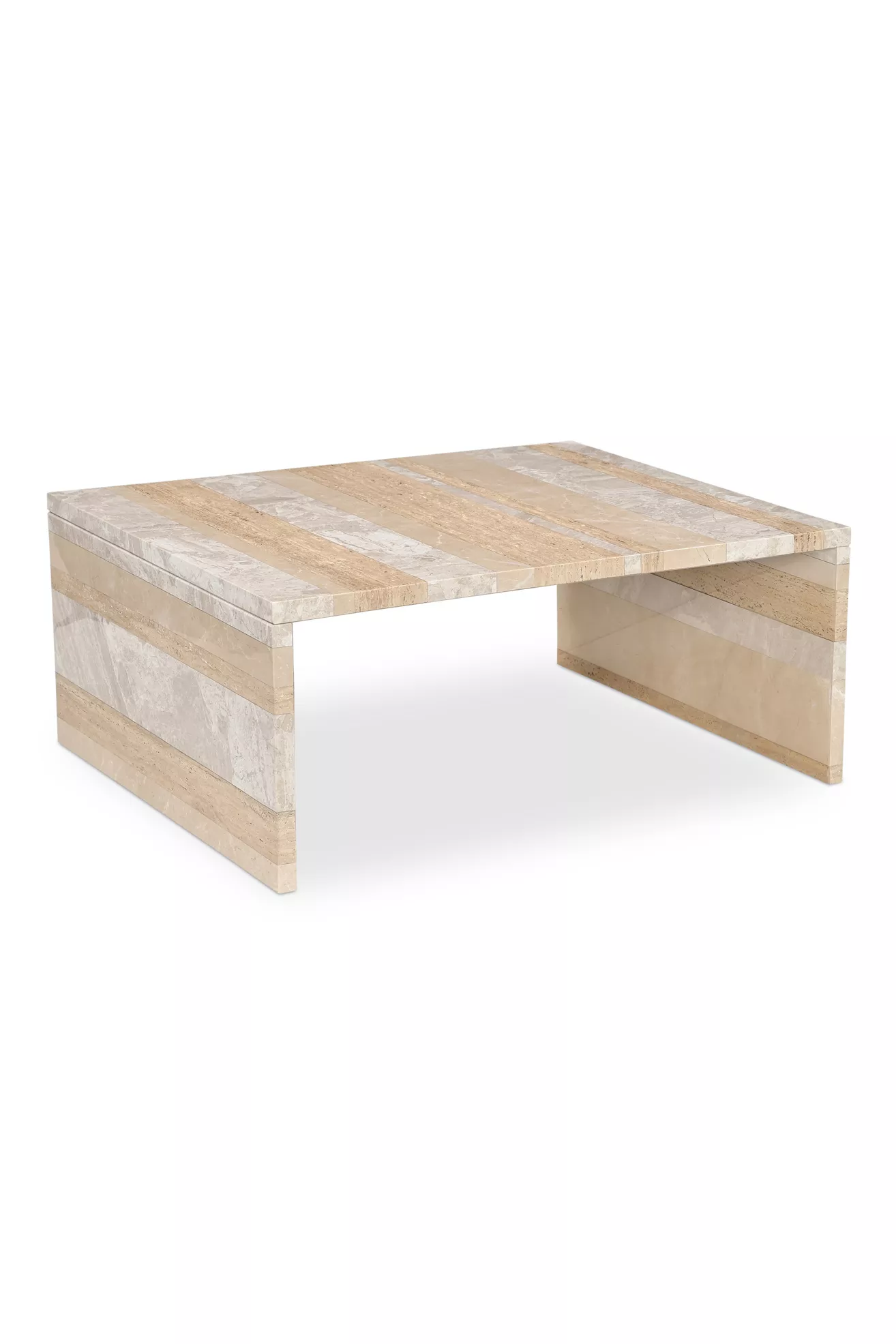 Front-right angled view of marble striped coffee table