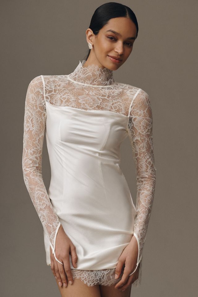 De La Vali Croissant Long-Sleeve Lace Mini Dress #3