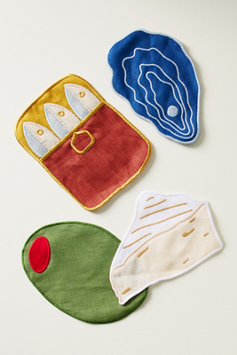Anthropologie Novelty Piecework Linen Cocktail Napkins, Set Of 4 In Multi